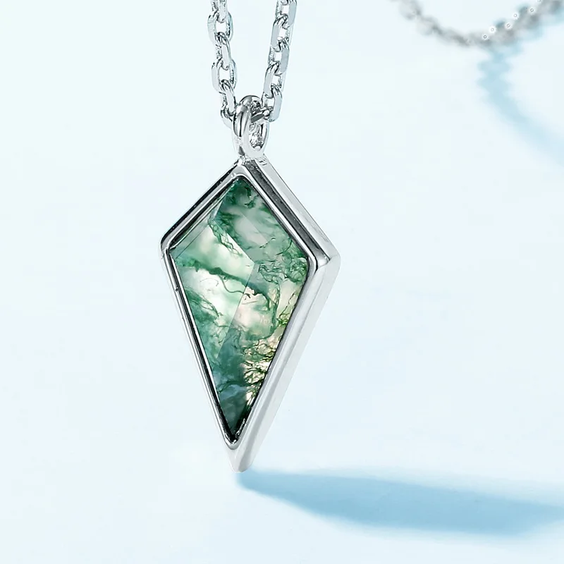 Jewelyking S925 Sterling Silver Simple Geometric Green Moss Agate Pendant Necklace JKNS0097