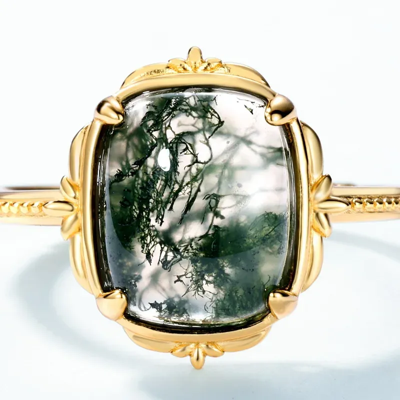 JewelyKing S925 Sterling Silver 14K Gold Plated Gemstone Green Moss Agate Vintage Ring JKRS0180