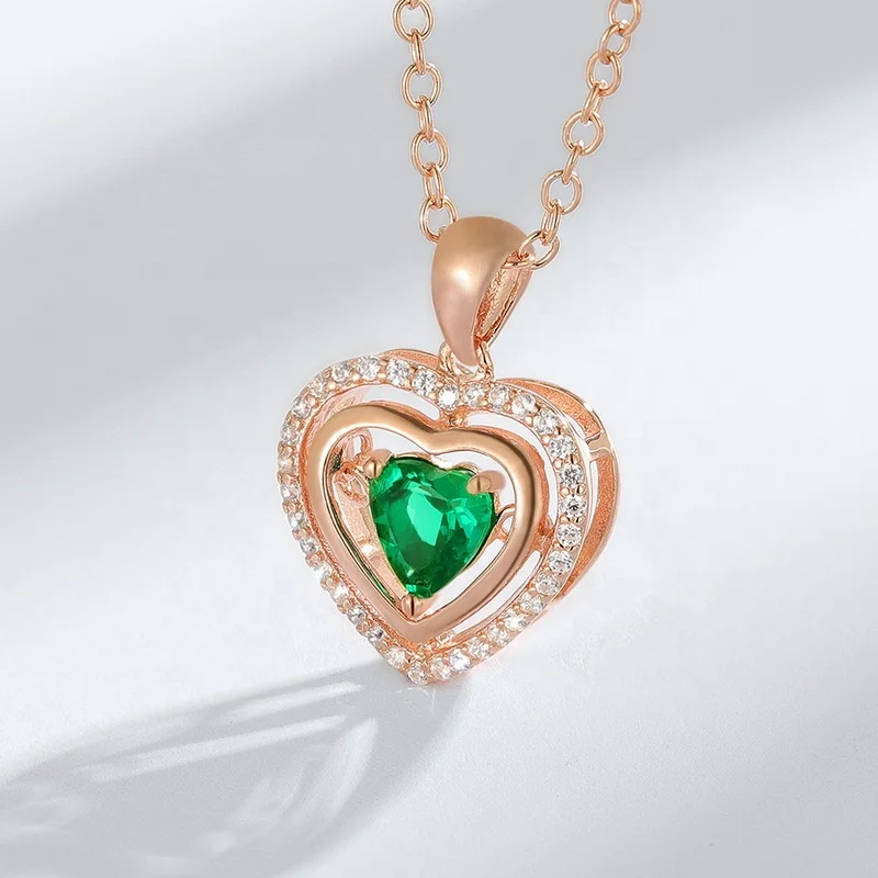 Dainty Gemstone Jewelry Sterling Silver CZ Iced Out Pendant Romantic Heart Shape Created Emerald Necklace Anniversary Gift