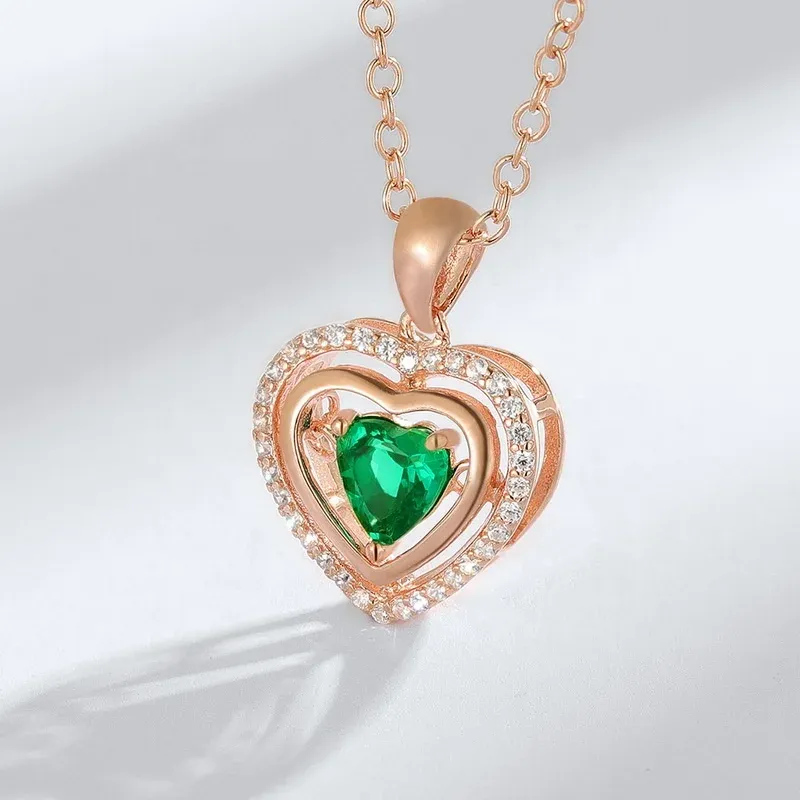 Dainty Gemstone Jewelry Sterling Silver CZ Iced Out Pendant Romantic Heart Shape Created Emerald Necklace Anniversary Gift