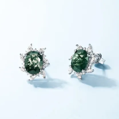 Jewelyking S925 Sterling Silver Trendy Sunflower White Gold Plated Natural Moss Agate and Cubic Zirconia Earrings JKES0100