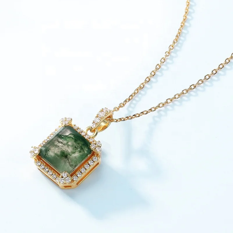 Jewelyking S925 Sterling Silver Cubic Zirconia Gemstone Jewelry Delicate Square Real Moss Agate Pendant Necklace JKNS0082