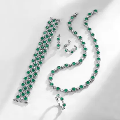 S925 Sterling Silver Green Glass Tennis Necklace for Women Halo Design Round Cut CZ Accent Statement Choker Necklace