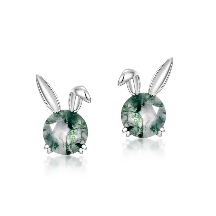 Jewelyking S925 Sterling Silver Moss Agate Cute Animals Rabit Earrings Stud JKES0075
