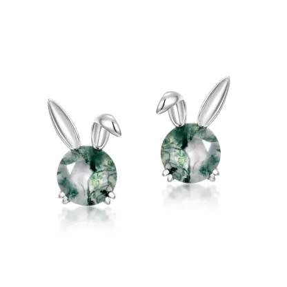 Jewelyking S925 Sterling Silver Moss Agate Cute Animals Rabit Earrings Stud JKES0075