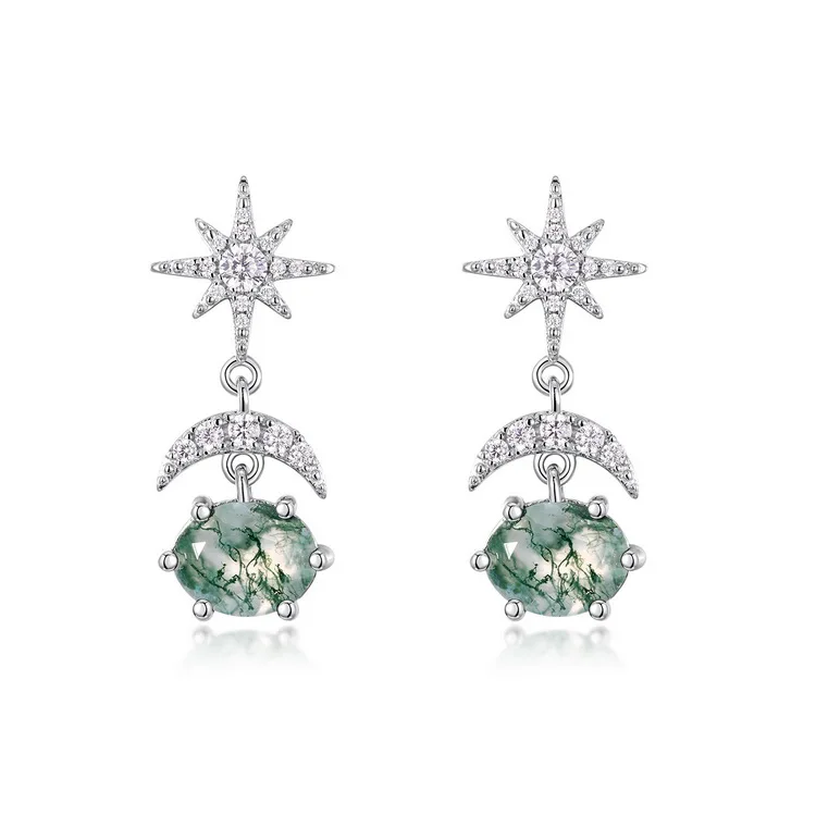 Jewelyking S925 Sterling Silver Luxury Design Moon and Star Natural Oval Moss Agate Stud Earrings JKES0069