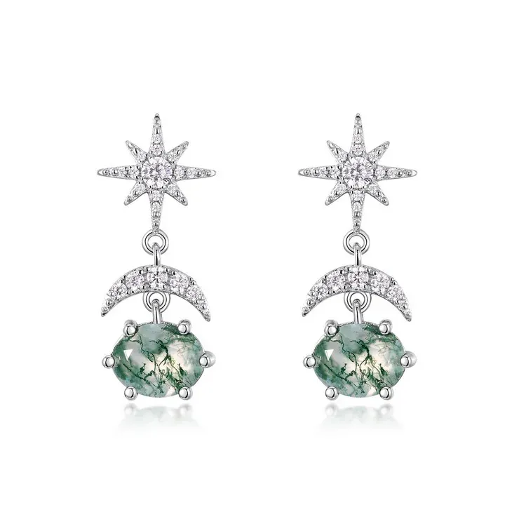 Jewelyking S925 Sterling Silver Luxury Design Moon and Star Natural Oval Moss Agate Stud Earrings JKES0069