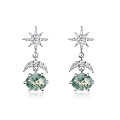 Jewelyking S925 Sterling Silver Luxury Design Moon and Star Natural Oval Moss Agate Stud Earrings JKES0069