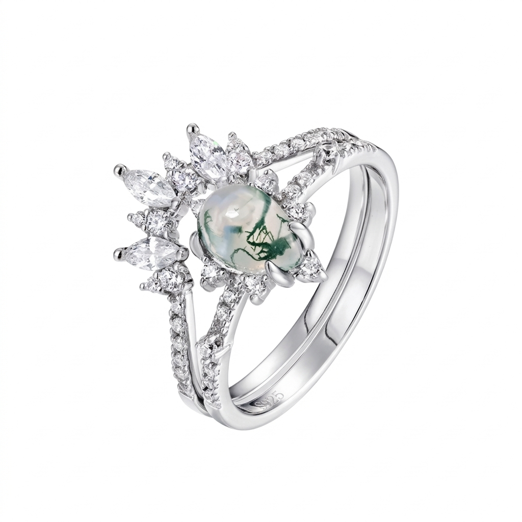 Flower CZ Oval Natural Moss Agate Ring 925 Sterling Silver Vintage Engagement Green Moss Agate Ring Cheap Price