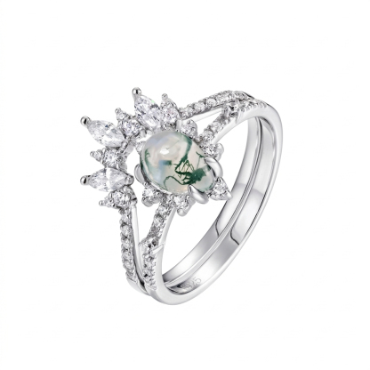 Flower CZ Oval Natural Moss Agate Ring 925 Sterling Silver Vintage Engagement Green Moss Agate Ring Cheap Price