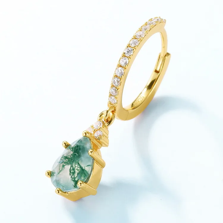 Jewelyking S925 Sterling Silver Classic Hoop Moss Agate Stones Sterling Silver Gold Plated Huggie Earrings JKES0076