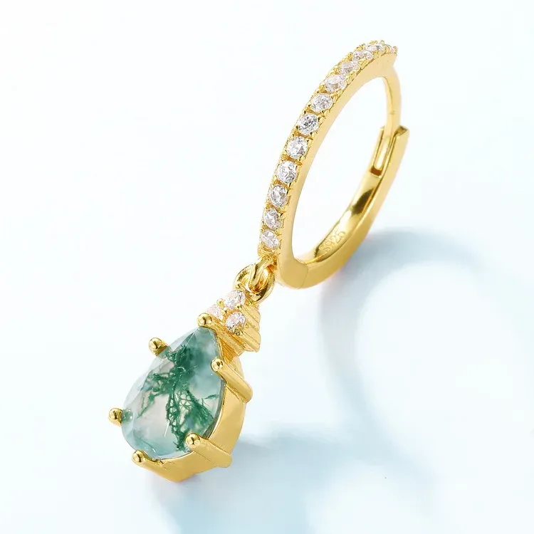 Jewelyking S925 Sterling Silver Classic Hoop Moss Agate Stones Sterling Silver Gold Plated Huggie Earrings JKES0076