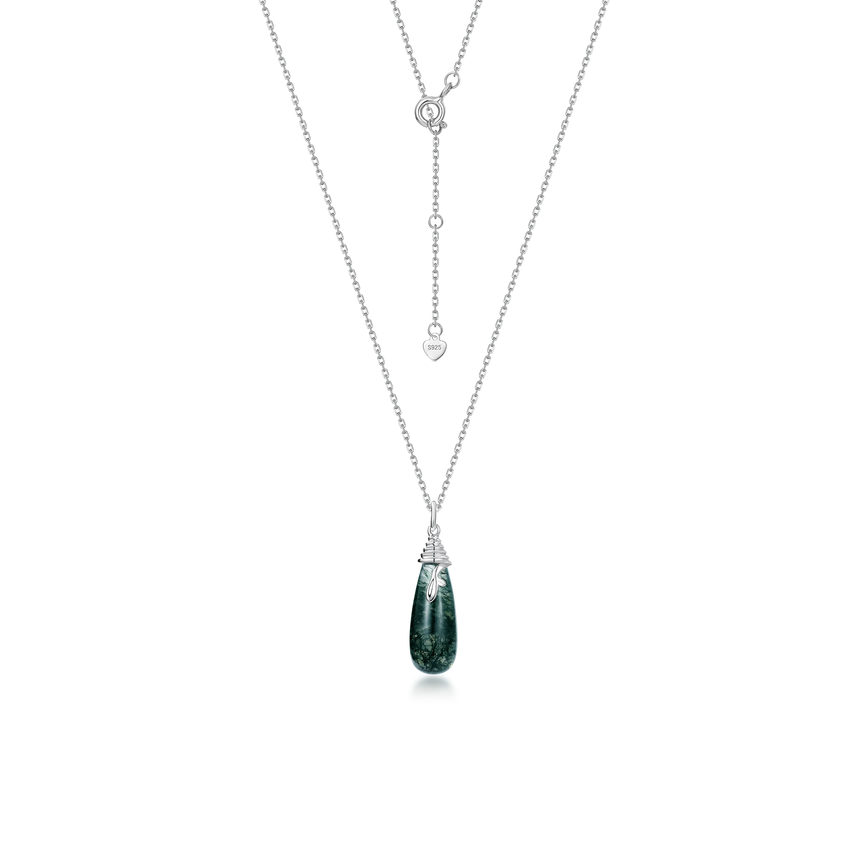 Jewelyking S925 Sterling Silver Green Moss Agate Stone Water Drop Pendant Necklace JKNS0096