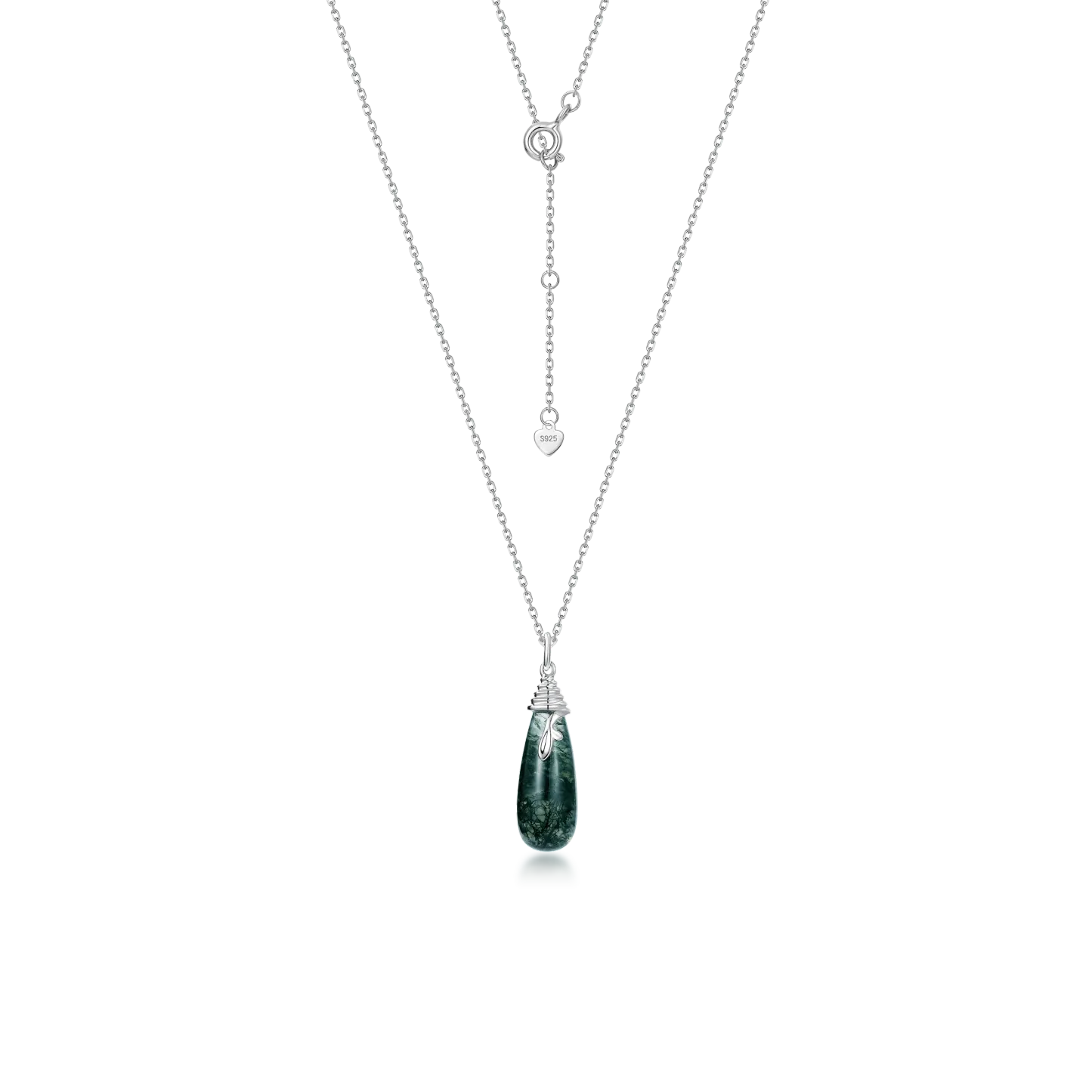 Jewelyking S925 Sterling Silver Green Moss Agate Stone Water Drop Pendant Necklace JKNS0096