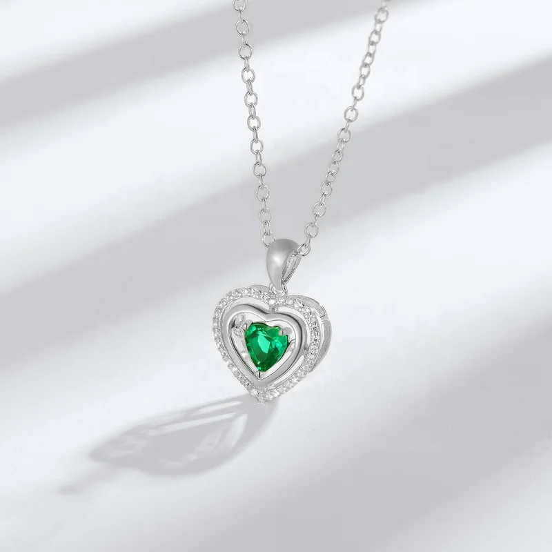 Dainty Gemstone Jewelry Sterling Silver CZ Iced Out Pendant Romantic Heart Shape Created Emerald Necklace Anniversary Gift