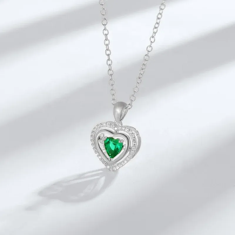Dainty Gemstone Jewelry Sterling Silver CZ Iced Out Pendant Romantic Heart Shape Created Emerald Necklace Anniversary Gift
