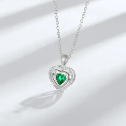 Dainty Gemstone Jewelry Sterling Silver CZ Iced Out Pendant Romantic Heart Shape Created Emerald Necklace Anniversary Gift