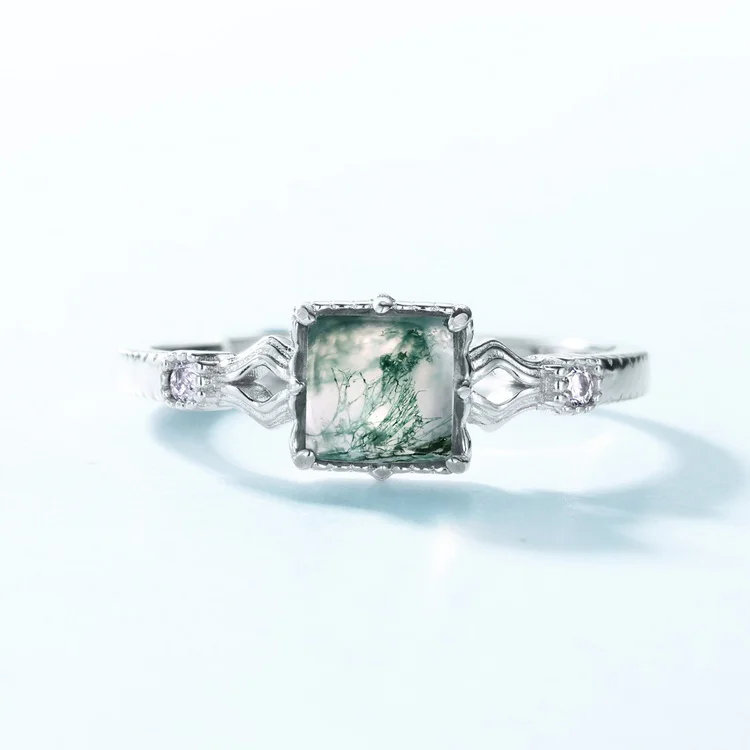 JewelyKing S925 Silve Natural Moss Agate Gemstone Wedding Adjustable Vintage Rings JKRS0173