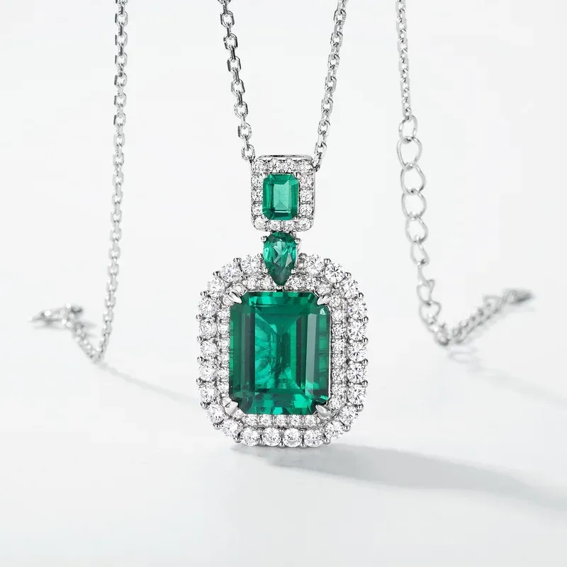 Lab Grown Emerald Necklace S925 Sterling Silver Radiant Cut Pendant Retro Light Luxury Clavicle Pendant