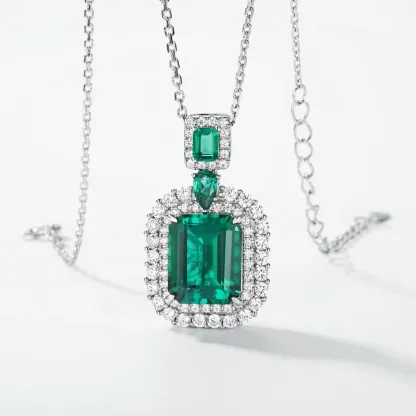 Lab Grown Emerald Necklace S925 Sterling Silver Radiant Cut Pendant Retro Light Luxury Clavicle Pendant