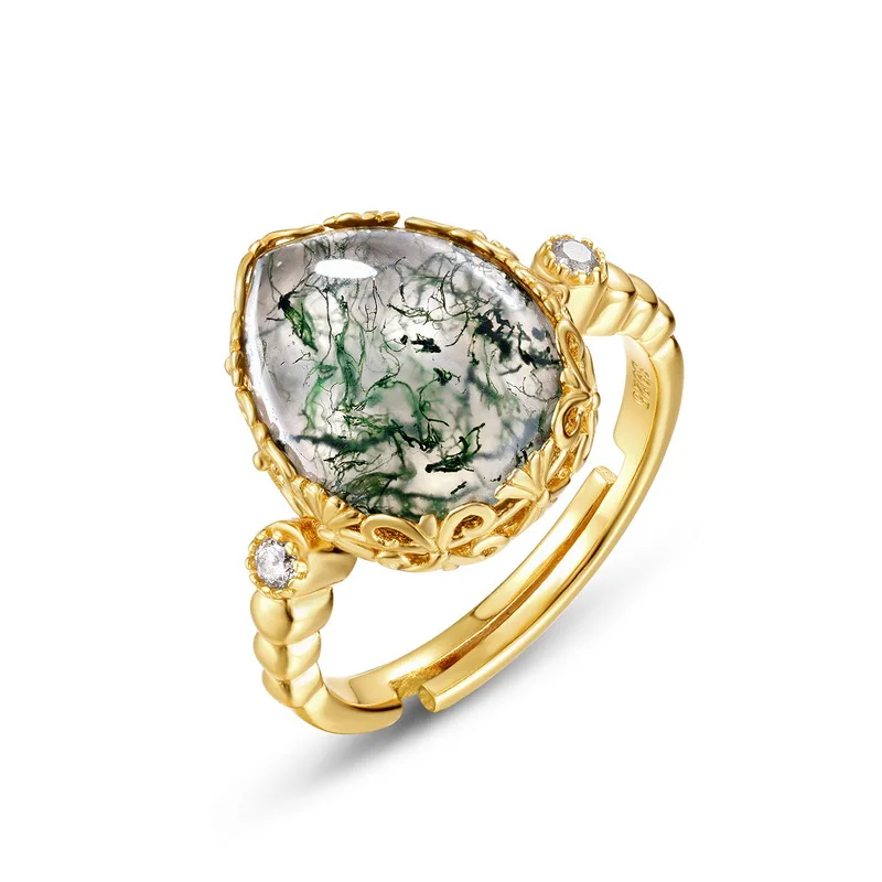 JewelyKing S925 Silver Water Drop Natural Green Moss Stone Inlaid Water Grass Agate Finger Ring JKRS0157