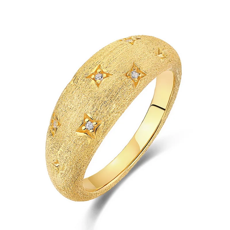 Jewelyking S925 Sterling Silver French Retro Starry Brushed Ring 14K Gold Plated Simple Light Luxury Jewelry JKRS0102