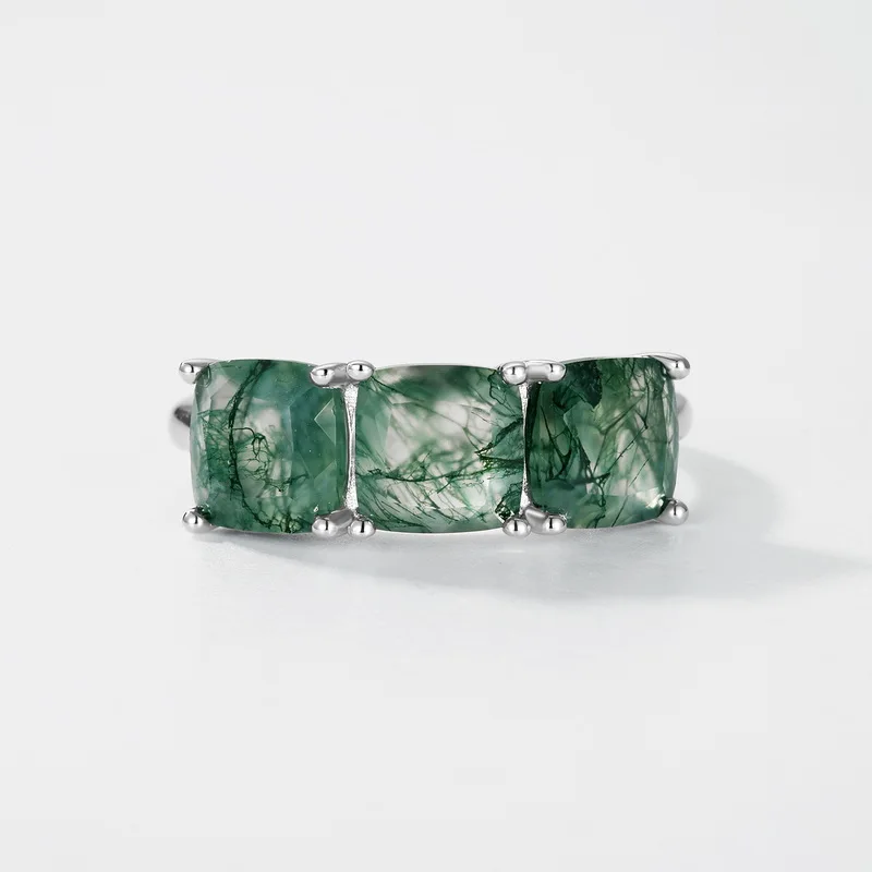 JewelyKing S925 Sterling Silver Natural Green Moss Agate Three Stone Ring JKRS0189