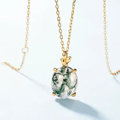 Jewelyking S925 Sterling Silver Green Moss Agate Oval Gemstone Rhodium Plated 18K Gold Custom Pendant Necklace JKNS0097