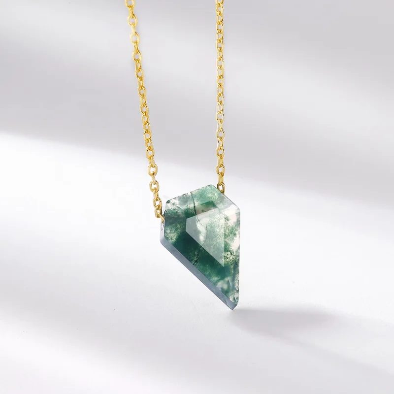 Jewelyking S925 Sterling Silver 18K Gold Dainty Moss Agate Vintage Kite Necklace JKNS0092