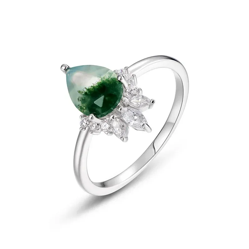 JewelyKing S925 Sterling Silver Green Natural Moss Agate Leaf Moss Agate Engagement Wedding Ring JKRS0169