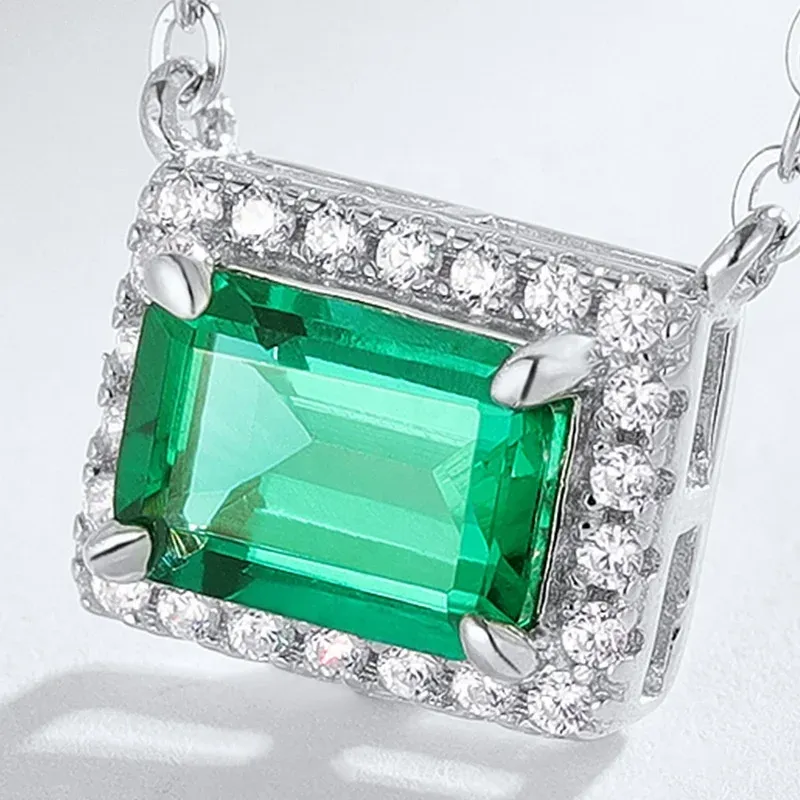 Minimalist Geometric Rectangle Birthstone Necklace Sterling Sliver 925 Cubic Zirconia and Lab Grown Emeralds Pendant Necklace