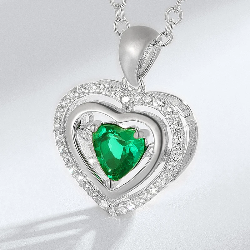 Dainty Gemstone Jewelry Sterling Silver CZ Iced Out Pendant Romantic Heart Shape Created Emerald Necklace Anniversary Gift