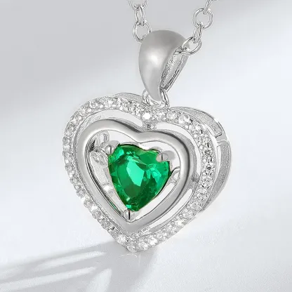 Dainty Gemstone Jewelry Sterling Silver CZ Iced Out Pendant Romantic Heart Shape Created Emerald Necklace Anniversary Gift