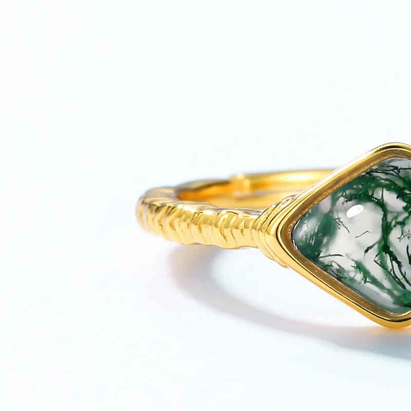 JewelyKing S925 Sterling Silver Boho Gemstone Gold Plating Sqquare Natural Green Moss Agate Ring JKRS0218