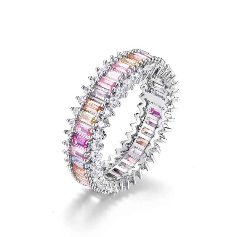 Best Selling Silver Rainbow Cubic Zirconia Anniversary Eternity Ring Multi Colors CZ Crystal Wedding Bands Rings for Women