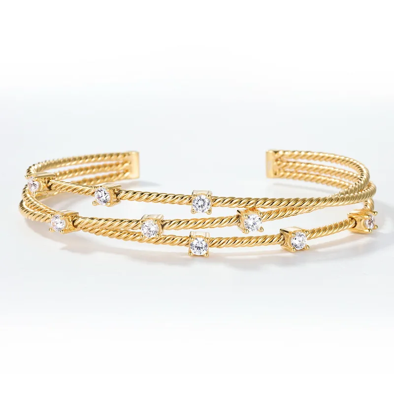 S925 Sterling Silver Twisted Rope Cuff Bangle for Women Gold Plated Textured Jewelry