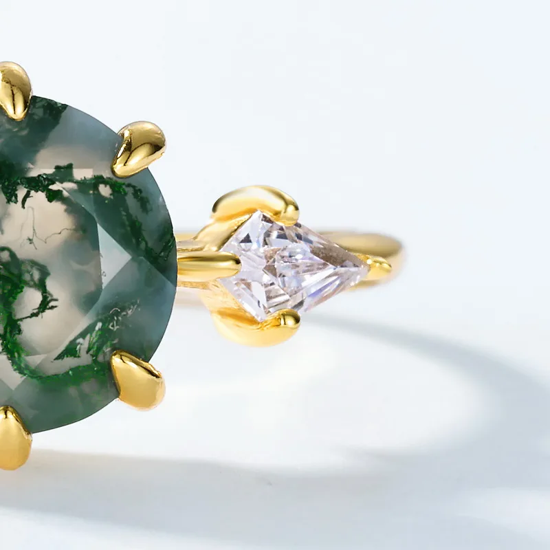 JewelyKing S925 Sterling Silver Round Cut Natural Gemstone Jewelry 18k Gold Plated Green Moss Agate Zirconia Wedding Ring JKRS0129