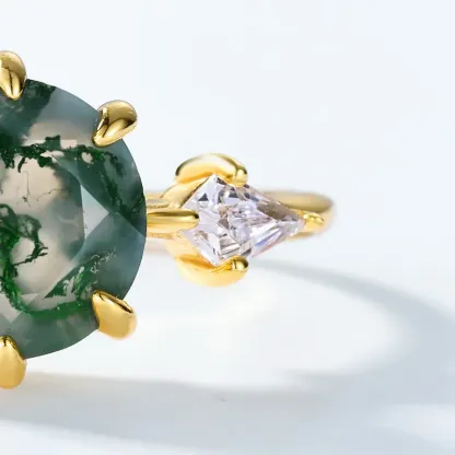 JewelyKing S925 Sterling Silver Round Cut Natural Gemstone Jewelry 18k Gold Plated Green Moss Agate Zirconia Wedding Ring JKRS0129