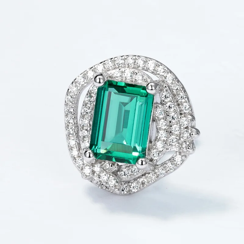 S925 Sterling Silver Emerald Cut Lab Grown Emerald Double Halo Stud Earrings for Women
