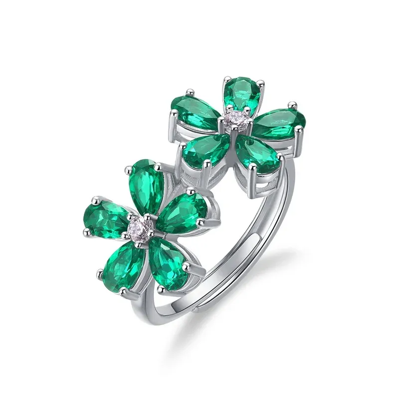 Panyu Custom 925 Sterling Silver Petal Ring Lab Created Emerald Retro European Luxury Jewelry