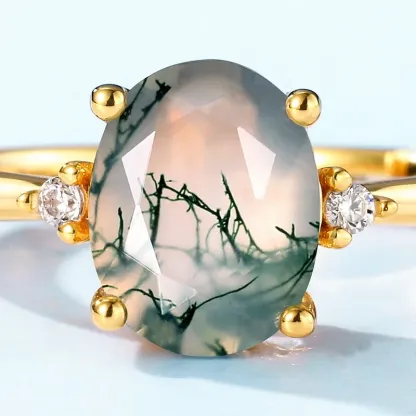 JewelyKing S925 Sterling Silver Green Crystal Adjustable Size Oval Natural Green Moss Agate Engagement Ring JKRS0233