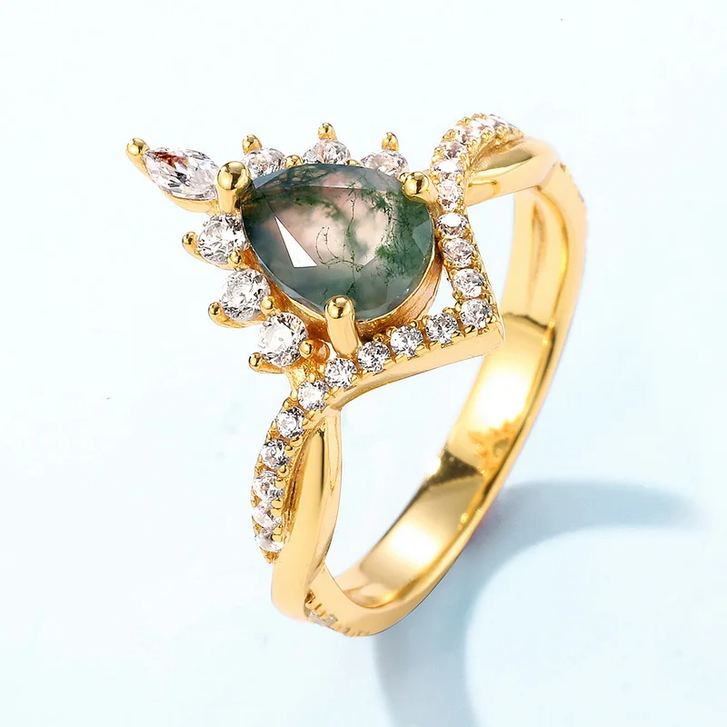 JewelyKing S925 Sterling Silver Luxury Gemstone Vintage Moss Agate Engagement Rings JKRS0150