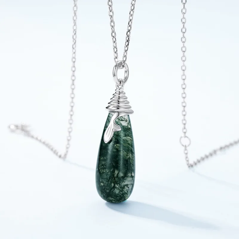 Jewelyking S925 Sterling Silver Green Moss Agate Stone Water Drop Pendant Necklace JKNS0096
