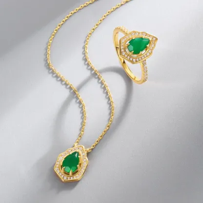 JewelyKing 14K Gold Plated Halo Pear Charm Green Agate Pendant Necklace JKNS0172