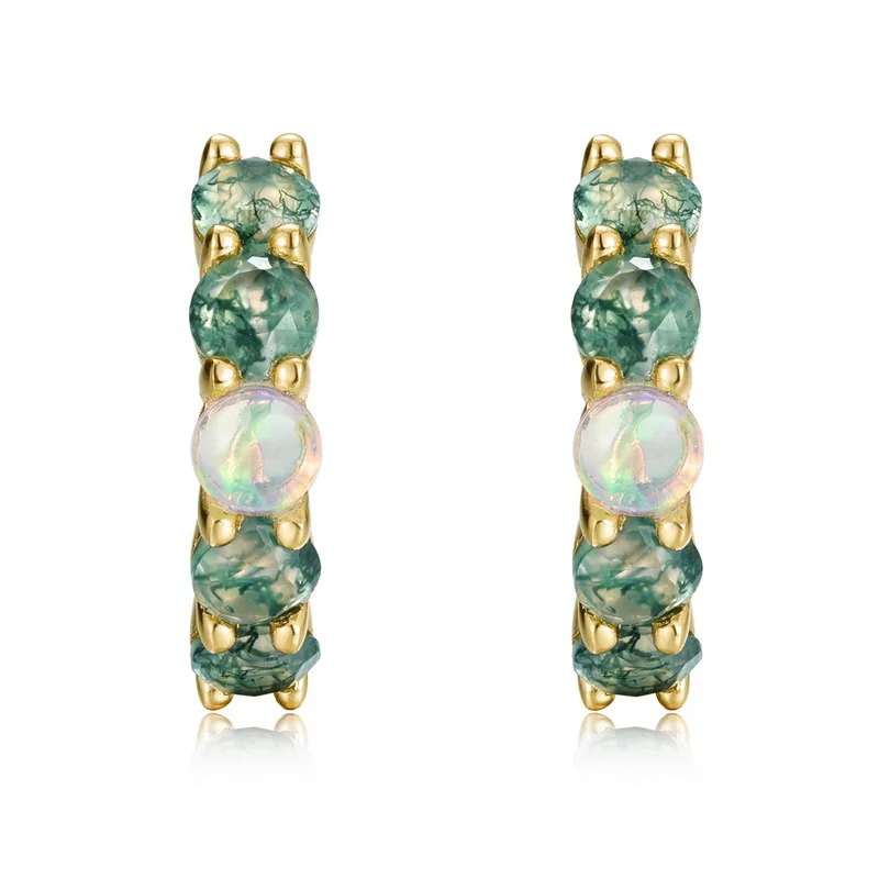 JewelyKing S925 Silver 14K Gold Plated Green Moss Agate Opal Accent Huggie Hoop Earrings JKES0010