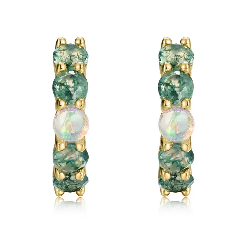 JewelyKing S925 Silver 14K Gold Plated Green Moss Agate Opal Accent Huggie Hoop Earrings JKES0010