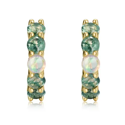 JewelyKing S925 Silver 14K Gold Plated Green Moss Agate Opal Accent Huggie Hoop Earrings JKES0010