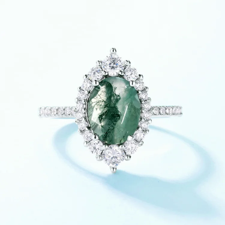 JewelyKing S925 Sterling Silver White Gold Plated New Green Moss Agate Gemstone Retro Cocktail Ring JKRS0138