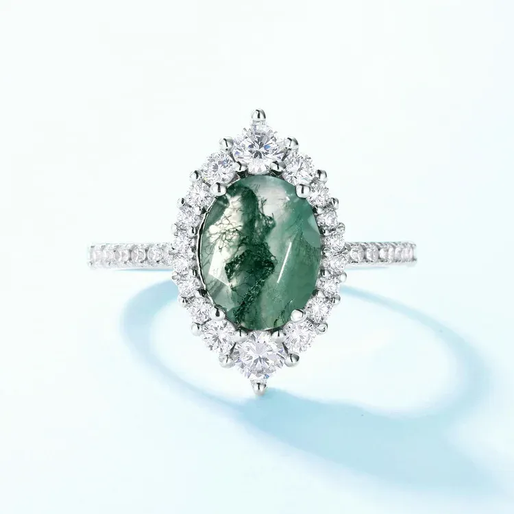 JewelyKing S925 Sterling Silver White Gold Plated New Green Moss Agate Gemstone Retro Cocktail Ring JKRS0138