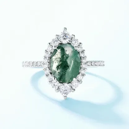 JewelyKing S925 Sterling Silver White Gold Plated New Green Moss Agate Gemstone Retro Cocktail Ring JKRS0138